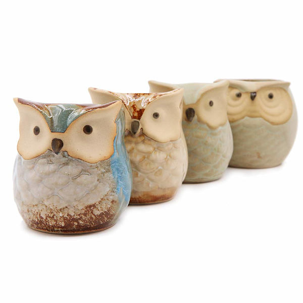Set med 4 Mini Keramik Cartoon Uggla Mönster Succulent Växtkruka Blomma Kruka Behållare Planterare Kaktus Växtkruka för Trädgård