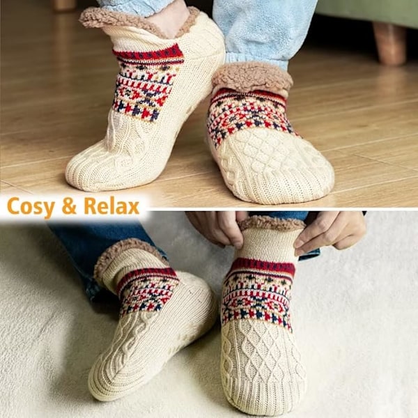 Toffelsockor för män och kvinnor, fluffiga strumpor med grepp, halkfri fleecefodring, termiskt stöd, julklapp L 43-45 Off White 43-45