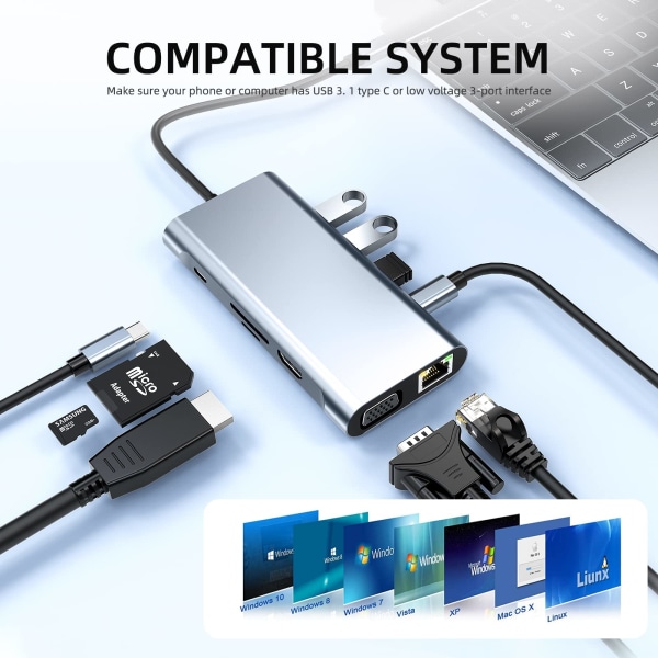 USB C HUB, USB C Adapter 10-i-1, dockingstation med 4K-HDMI, USB 3.0, SD/TF-kortlæser, kompatibel med MacBook Pro/Air og andre Type C-enheder