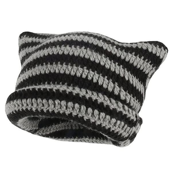 Katte Beanie Hæklet Hatte med Ører Strikket Stribet Vinter Varmt Elastisk Kasket, Sort og Grå Black and Grey
