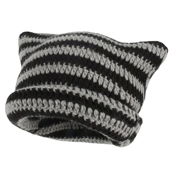 Kissapipo Virkatut hatut korvilla Neulottu raidallinen talvinen lämmin elastinen cap, musta ja harmaa Black and Grey