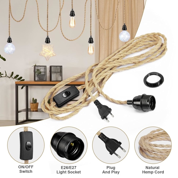 E27 2-kernet linned elektrisk kabel, tekstilbelagt parsnoet pendel med dæmpbar kontakt og fatning 1,5 M Velegnet til boliginteriør