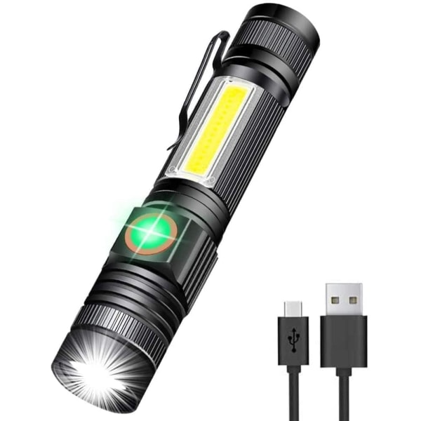 Genopladelig lommelygte, batteri inkluderet, magnetisk LED-lommelygte med COB-sidelys, vandtæt, zoombar, 4 tilstande Bedste lommelygte