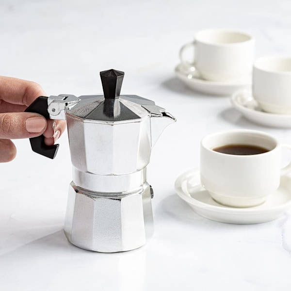 Aluminium Komfyrtopp Kaffetrakter, Perkolator for Espresso, Moka, Cubansk Kaffe, Cappuccino, Latte og Mer, for Camping, Sølv, 1 Kopp