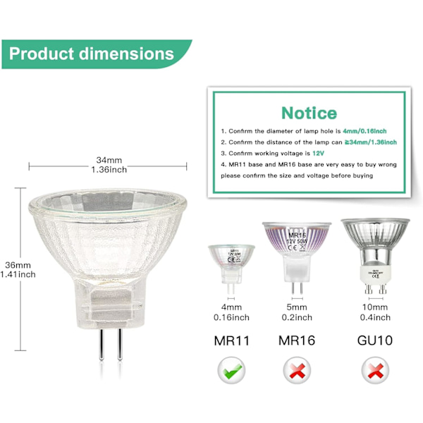 MR11 Halogenpærer (Pakke med 12), GU4 Halogenlampe 12V 20W, Mr11 GU4 Dimbar Pære Glassdeksel for Taklampe, 2-Pinners Halogenpære 2700K Varmhvit