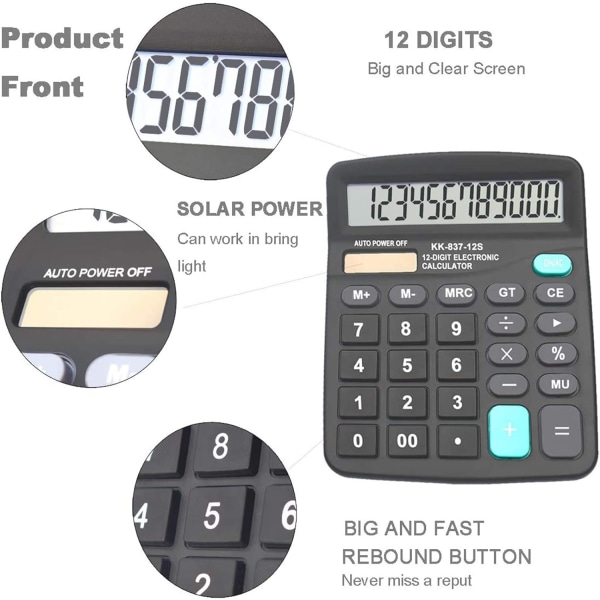 Kalkulator, 12-bits håndholdt skrivebordskalkulator med dobbel effekt med stor LCD-skjerm Store følsomme knapper (svart, 5-pakning)