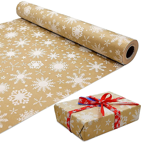 10m roll kraft white snowflake wrapping paper roll, 100% recyclable ECO gift for birthday present party decorations (10m x 44cm)