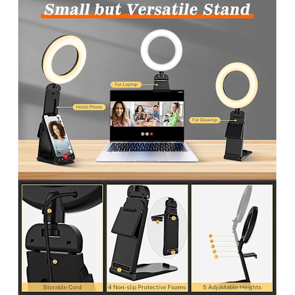 5'' Laptop Selfie Ring Light med Stativ - Mini LED Desktop Telefon Ring Light med 5 Dæmpbare Tilstande & 10 Lysstyrkeniveauer til Makeup Streaming Webcam