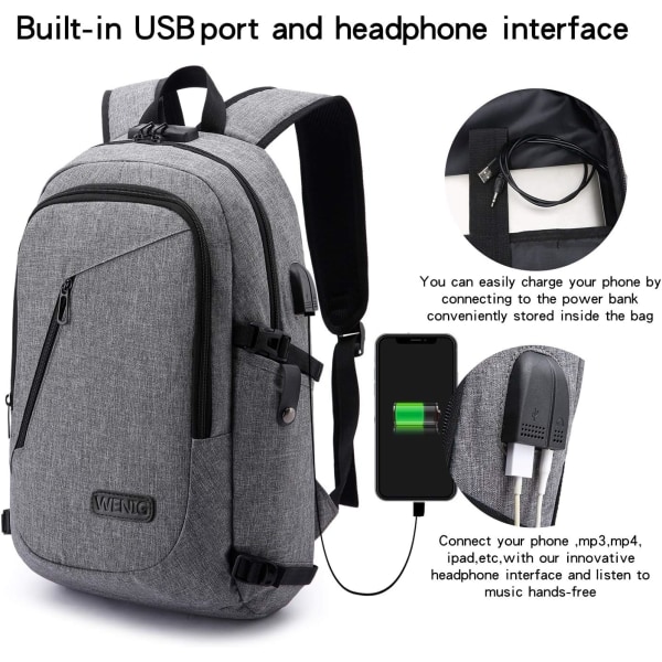 Tyverisikret bærbar rygsæk, Rygsæk til forretningsrejser med USB-opladningsportlås, Vandtæt skolecomputer arbejdsrygsæk