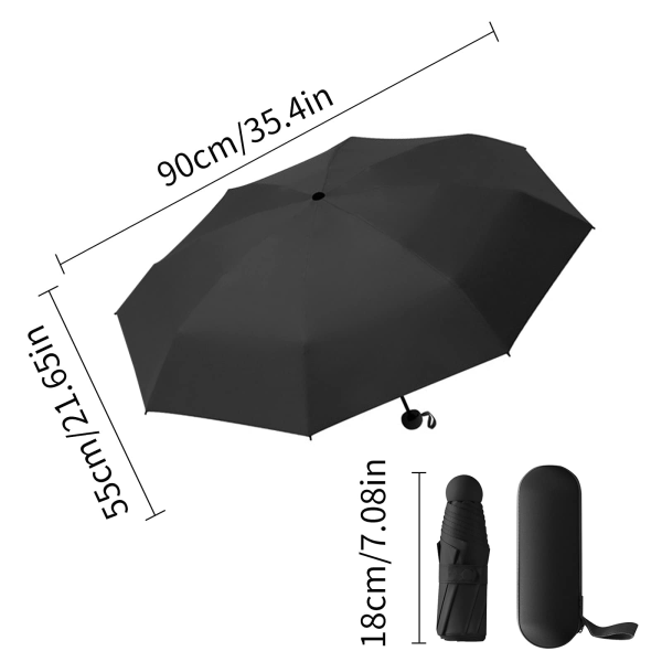 Reiseparaply, miniparaply med 6 ribber, liten UV-paraply med kapselhylster, raskt tørr og ultrakompakt sammenleggbar paraply 90 x 55 cm, svart black