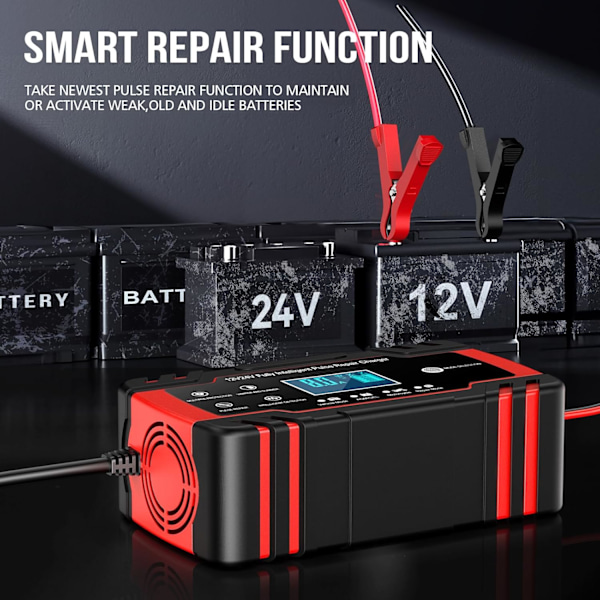 Batterilader, 8A 12V / 4A 24V Helautomatisk Smart Billader, LCD-skjerm Brukes i Bil, Motorsykkel, etc. Batterilader