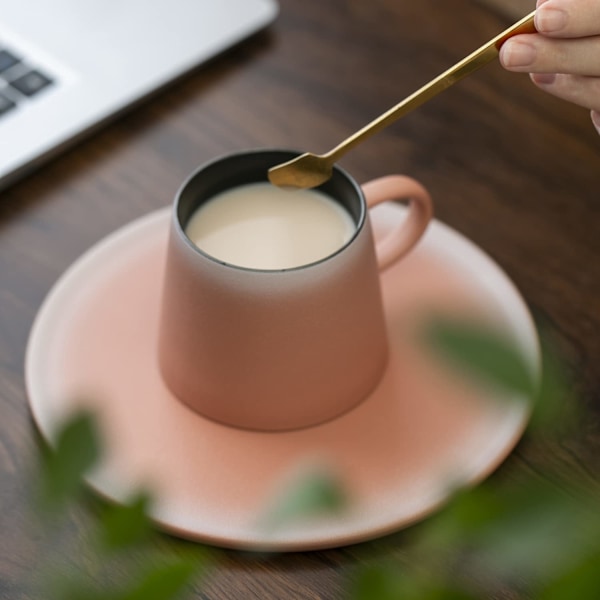 Kaffekoppset med matchande fat och gyllene sked, kaffemugg för dagligt bruk och kontor 2dl (Rosa)