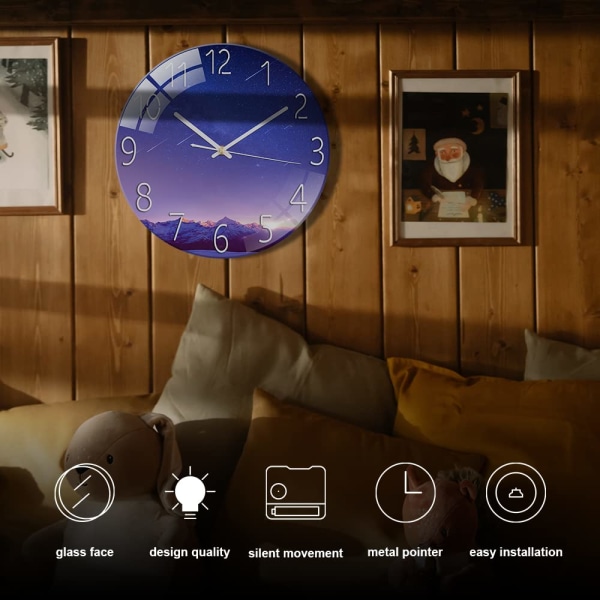 Glass Veggklokke 12 Tommer Stille Ikke-Tikkende Runde Veggklokker for Stue Soverom Gang Kontor, Meteor B