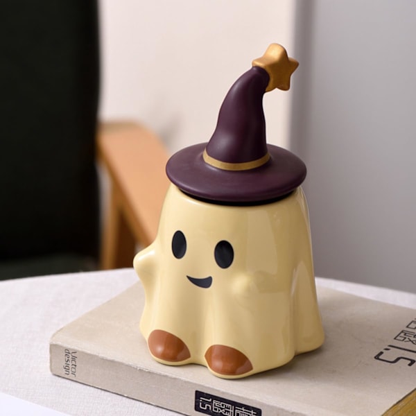 Halloween Ghost Keramisk Krus, Nyhet Te Kopp, 401-500ml Halloween Kaffe Krus Med Lokk - Vennlig Spøkelse (Gul) Yellow