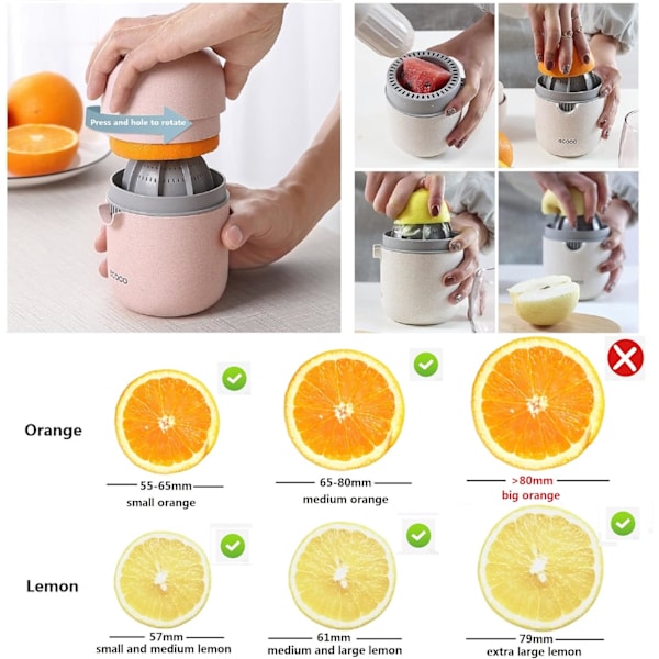 Citronpresser og simpel manuel citrusjuicer, lille bærbar limejuicer kop med to anvendelsesmuligheder til forskellige frugter (hvedefarve)