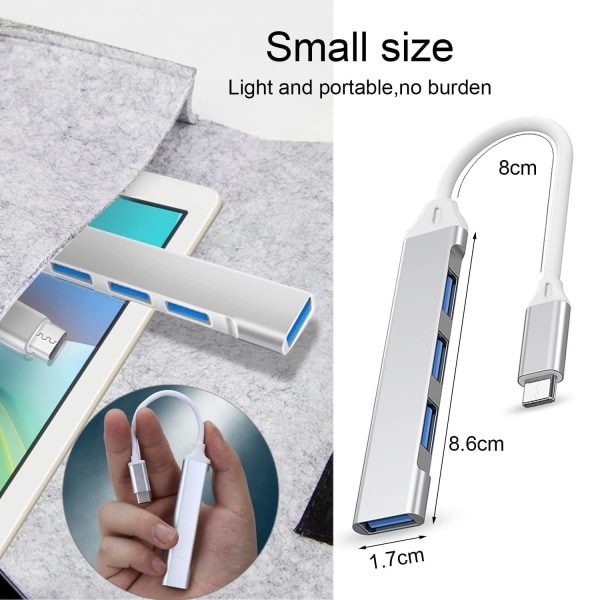 Type-C-keskitin, Ultra-ohut 4 portin keskitin USB 3.0/2.0 -liitäntöineen, USB A - USB C -sovittimella, yhteensopiva MacBookin, Mac Pron, PC:n, flash-aseman ja ulkoisen kiintolevyn kanssa