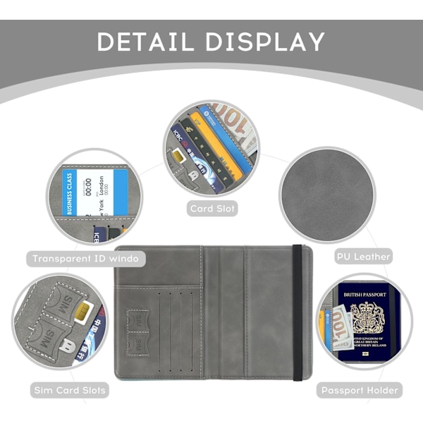 Passhållare PU Läder RFID-blockerande Passfodral Reseplånbok Fodral med Kortplats & Elastisk Rem Passfodral (Grå) grey