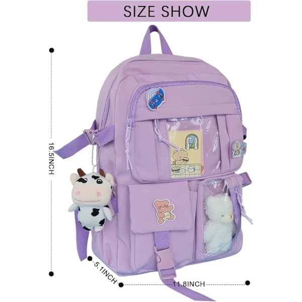 Kawaii Ryggsäck med Söt Nallebjörn Kawaii Pin Tillbehör Stor Kapacitet Estetiska Skolväskor Söt Bokväska för Tonårstjejer (Lila)