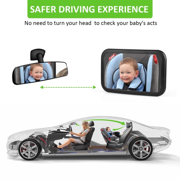 Baby bilspejl 360° rotation Justerbar og brudsikker, nem installation med justerbare stropper