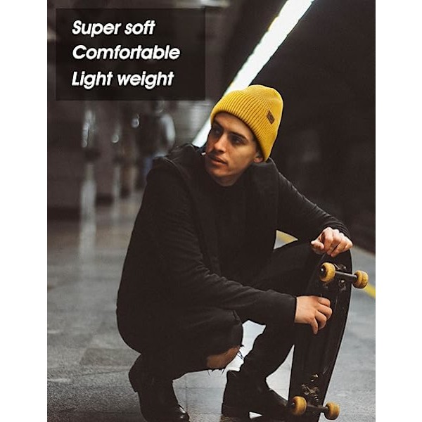 Strikket hue til mænd, dagligdags hue med opsmøg, strækbar, blød og varm, unisex komfortabel uldhue, gaver til mænd/ham/far, julegave Yellow