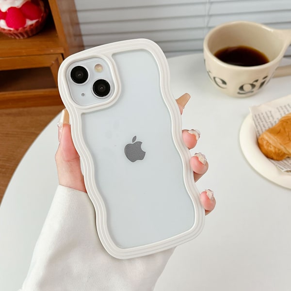 Transparent Skal för iPhone 15 6.1 Tum, Sött Transparent Krullig Vågformad Ram Estetisk Design Mjukt TPU Stötfångarskal, för Kvinnor Flickor Slim Stöttåligt, Vit