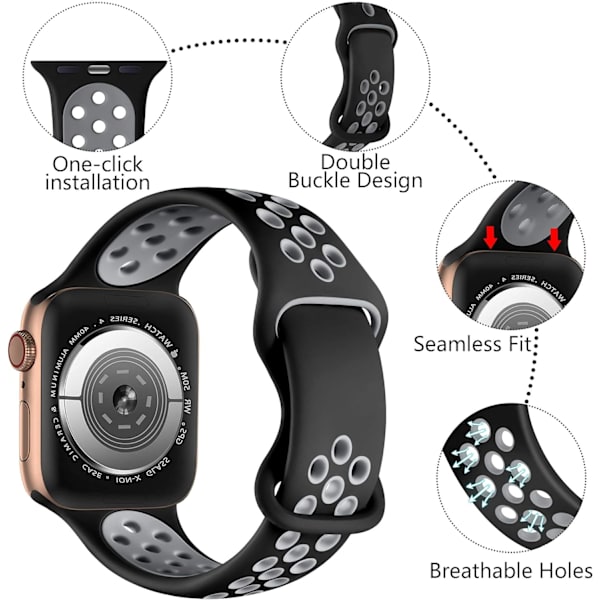 Silikoninen urheiluranneke, yhteensopiva Apple Watch -rannekkeen kanssa, hengittävät vaihtorannekkeet Apple Watch Ultra/Ultra 2/iWatch SE Series 9 8 7 6 5 4 3 2 1 -kelloille Grey