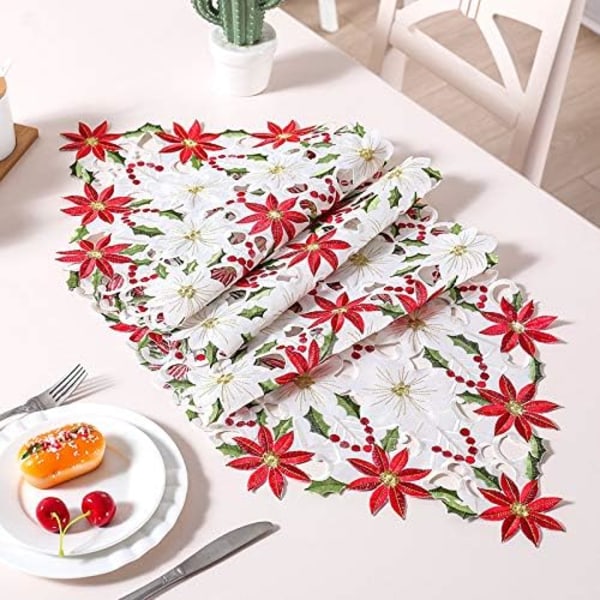 2 pcs 38CM x 176CM Table Runners, 2 Sides Cotton Linen Embroidered Table Runner ,Poinsettia and Holly Leaf Table for Wedding Xmas