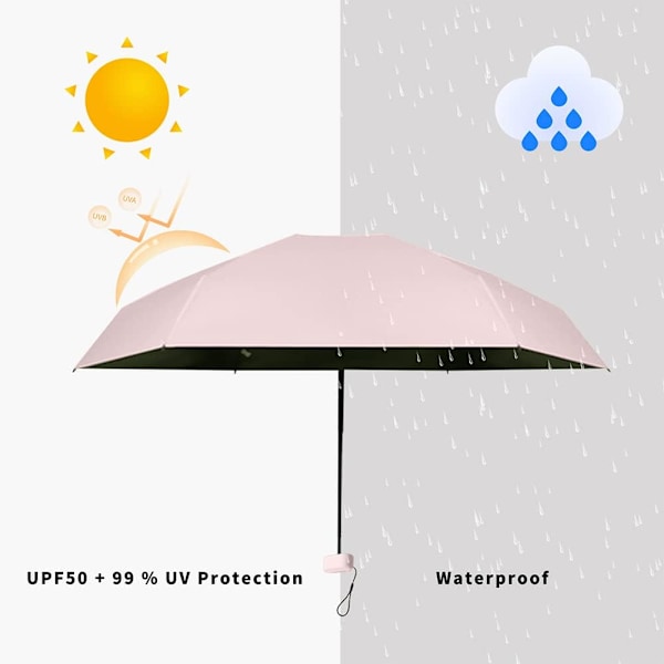 Pieni matka-aurinkovarjo laukkuun kotelolla, pieni kompakti UV-aurinko- ja sadevarjo, kevyt kannettava tuulenpitävä aurinkovarjo 99 % UV-suojalla Cherry Blossom Pink