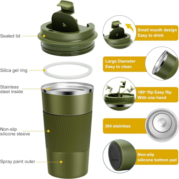 Resemugg, Återanvändbara Isolerade Kaffekoppar, Vakuumflaskor, Termosmugg i Rostfritt Stål för Varma och Kalla Drycker green