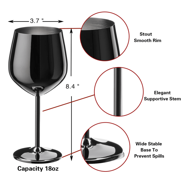 Mustat viinilasit, 4, 550 ml set musta pikari, ruostumattomasta teräksestä valmistettu viinilasi, ainutlaatuinen ja kannettava metallinen viinilasi Black