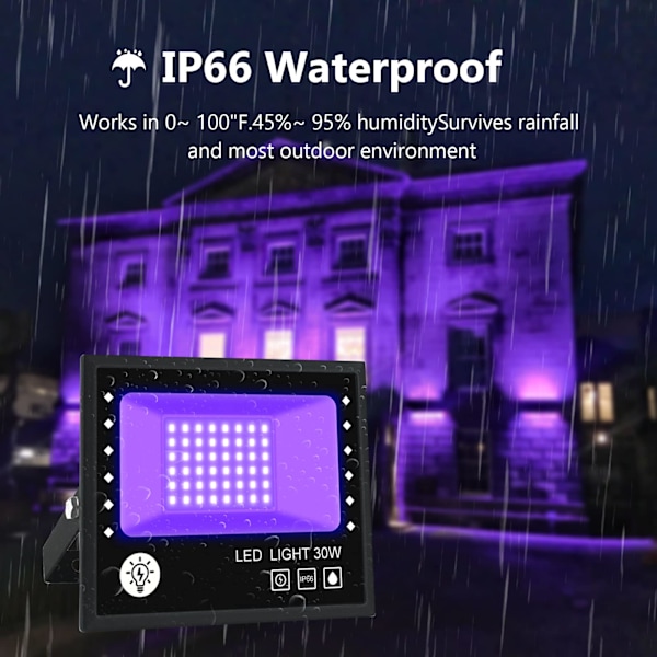 30W LED Svartljus, Vattentät IP66 Utomhus UV-ljusprojektor, Lila LED-lampa, Effektbelysning för Fest, Disco DJ, Kväll, Fluorescerande Färg