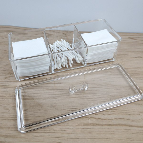 Holder til vatrondeller/vatpinde, med 3 rum, klar akryl badeværelsesbeholder Vanity Organizer Box til vatpinde, kosmetiske pads, hårelastikker, smykker