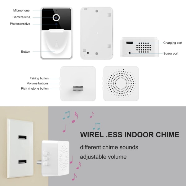 Dørklokkekamera Trådløst, Intelligent Visuel Dørklokke Hjemme Intercom HD Nattesyn WiFi Genopladelig Sikkerhedsdør Dørklokke, APP Kontrol (Hvid)