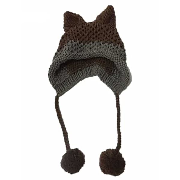 Dam Cat Beanie Stickade Hattar med Öron Stickade Vinter Varma Elastiska Mössor Slouchy, mörkgråbrun