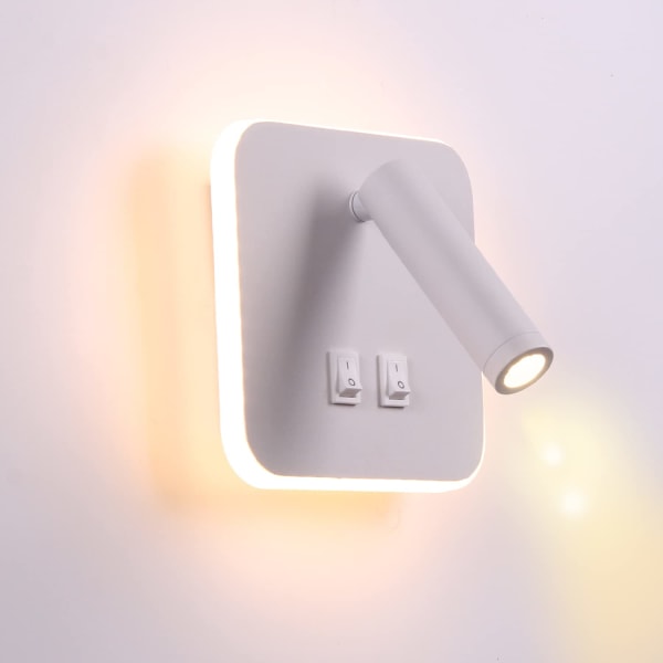 LED nattbordslys Innendørs hotellvegglampe Sengevegglamper Gangvegglampe med bryter Hvit (firkantet)