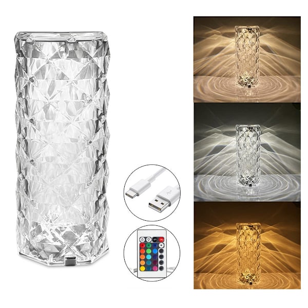 Krystallampe Romantisk LED Rose Diamant Bordlampe 16 Fargeskiftende RGB Nattlys for Soverom Stue Festmiddag Valentinsdag Juledekor