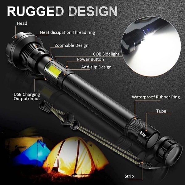P90 stærk lys lommelygte Taktisk lommelygte, 90000 lumen, XHP90 LED, 7 tilstande, USB opladning, vandtæt, zoombar med batteri