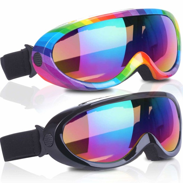 Skibriller, pakke med 2, snowboardbriller for barn, gutter og jenter, ungdom, menn (flerfarget og svart)