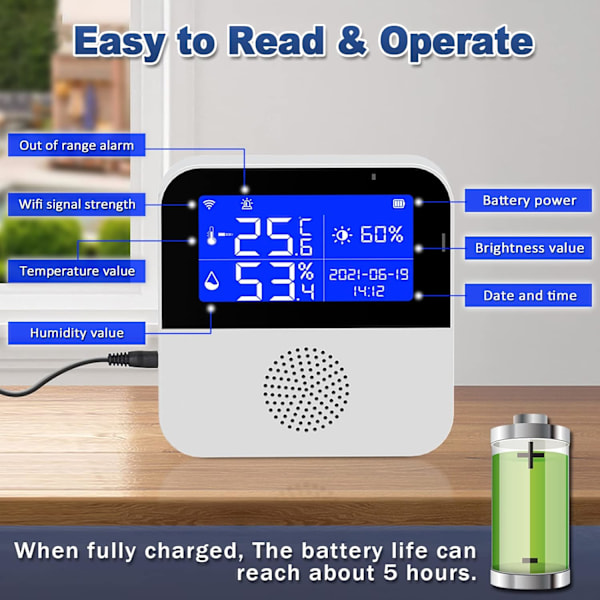 WiFi Temperatur Fugtighedsmonitor, med LCD Display Buzzer Alarm & App Alert Smart Temperatur Fugtighedssensor (2 stk)
