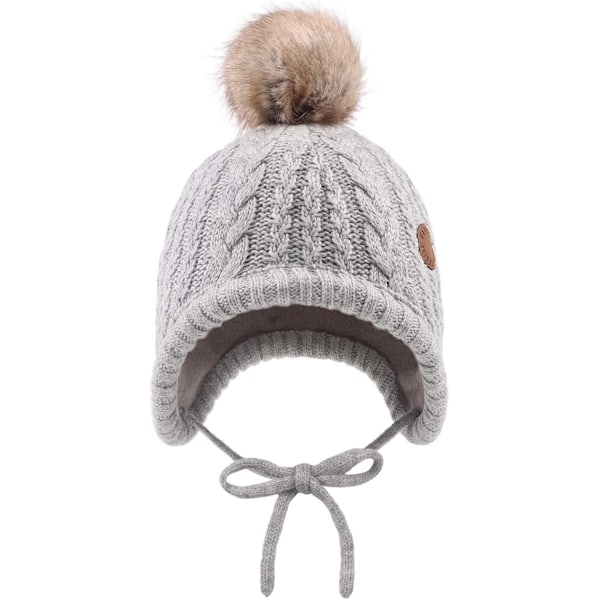 Baby Pojkar Vintermössa Sammetsfodrad Småbarnsmössa med Öronlappar Varma Babymössor för Flickor med Pompon Gray