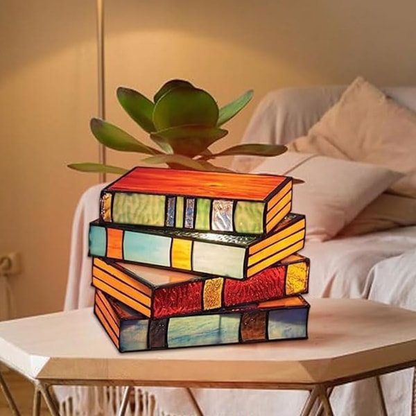 Stained Glass Stablet Lamp med Stabletform, Stabletform Glass Lamp Nattlys, Lesehjørne Belysning Bordlampe, Belysning Stablet Lamp, Bordlampe Hjemmedekor