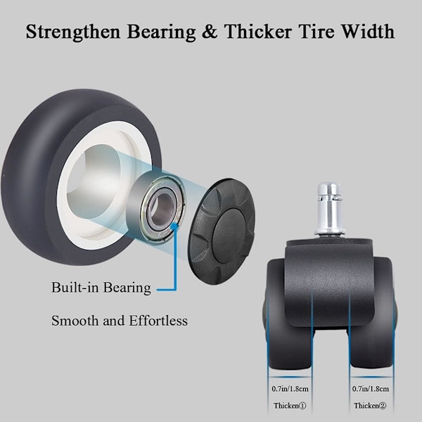 Kontorstol Hjul, Erstatningshjul i Gummi med Bredere Dekkdesign for å Beskytte Gulv 11mm (Stangdiameter) x 22mm (Stanglengde), Sett med 5