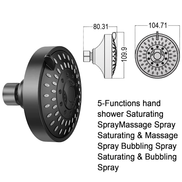 Bruseshowerhoved, Højtryks Regn Fast Bruseshowerhoved med Justerbar Metal Svingarm, Badeværelses Bruseshowerhoved 4 Tommer Høj Flow Bruseshowerhoved, sort