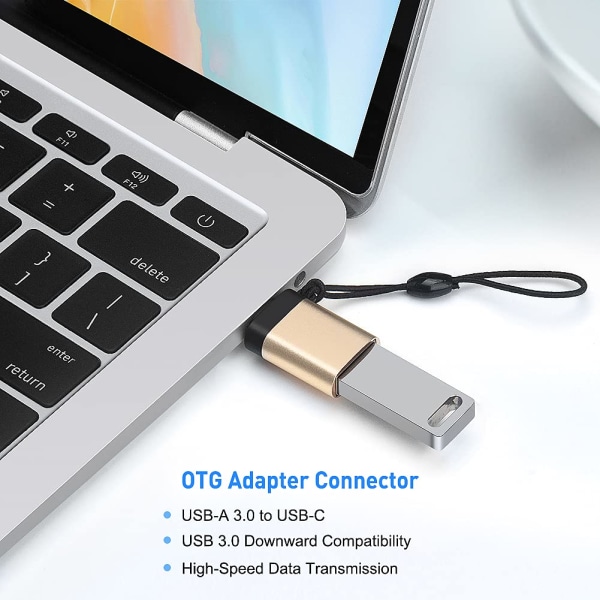 USB C til USB 3.0-adapter med snor (2 pakke), USB-C til USB-A kvinnelig OTG-adapter USB Type C-adapter kompatibel med MacBook, Huawei og mer, gull