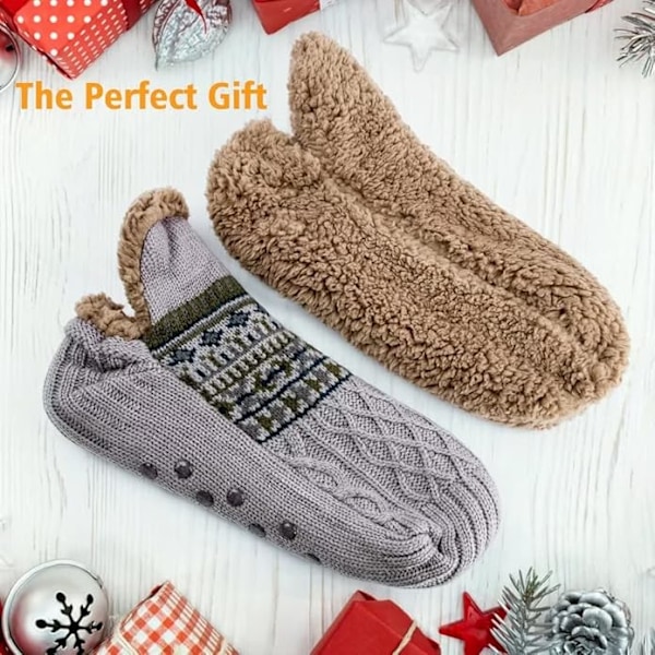 Toffelsockor för män och kvinnor, fluffiga strumpor med grepp, halkfri fleecefodring, termiskt stöd, julklapp L 43-45 Grey 43-45