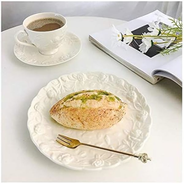Vintage Præget Blonde Keramisk Tallerken Blomster Keramisk Tallerken Service Fad til Bryllupsfest Restaurant Middag Dessertbakke Hvid (Rund-8 tommer)