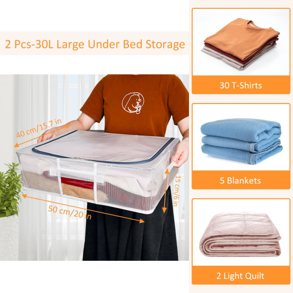 30L klesoppbevaringsposer, sammenleggbare og stablebare oppbevaringsbokser under sengen, garderobeskap for dyner, tepper, sengetøy, skjorter (2 pakke)