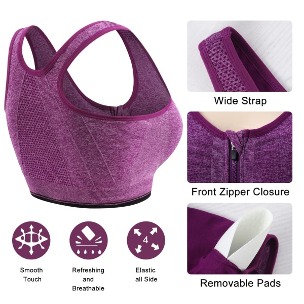 2 sportbehåar med dragkedja fram med avtagbara kuddar för löpartröja för kvinnor Yoga linne（L）