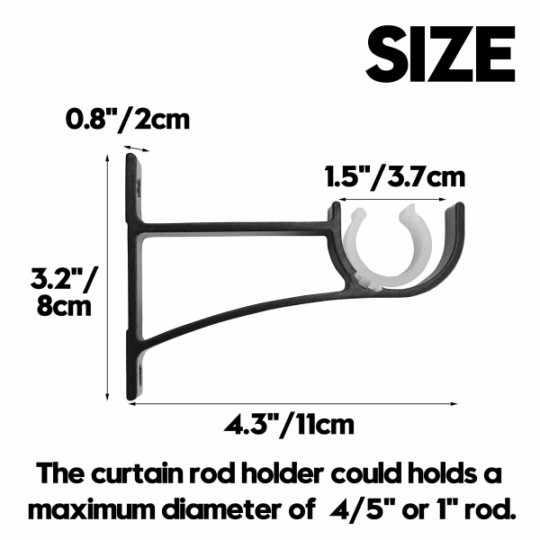 4-pakks Heavy Duty Gardinstangbrakett Enkelt Gardinstang Holder for 0,8 til 1 tommers Gardinstang Robuste Gardinstangkroker Svart