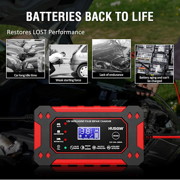 12V 6A Batterilader, Smart Batterilader og LCD-skjerm, Bilbatterilader for Biler, Motorsykler, Lastebiler, AGM, Gel, SLA (2Ah-100Ah)